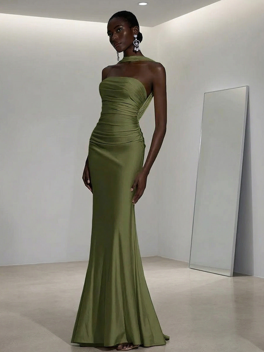 Mermaid/Trumpet Strapless Satin Ruched Floor-Length Evening Dresses with Scarf