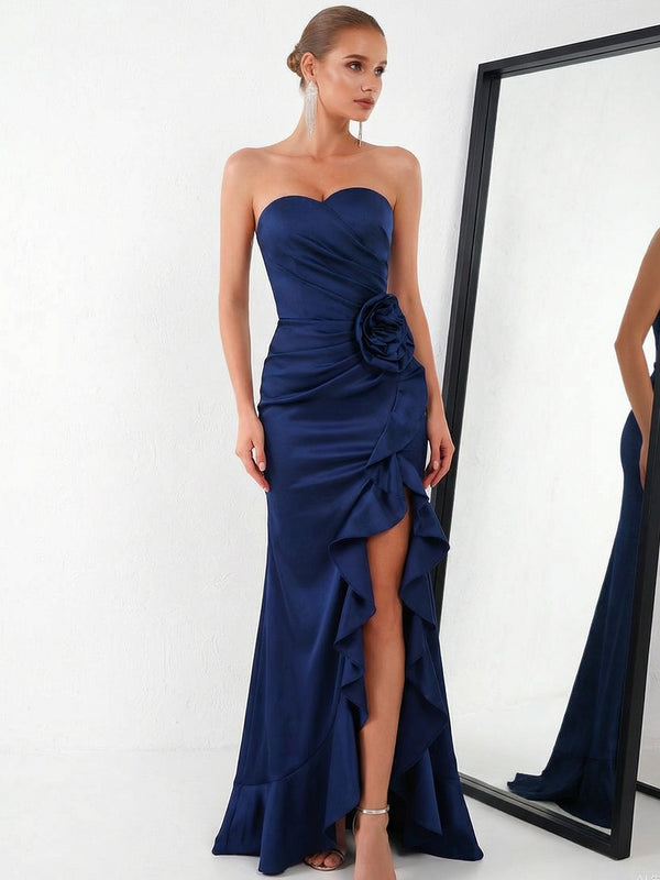 Sheath/Column Sweetheart Satin Ruched Floor-Length Prom Dresses with Flower Ruffle