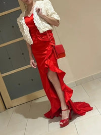 Sheath/Column Sweetheart Satin Ruched Floor-Length Prom Dresses with Flower Ruffle