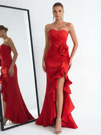 Sheath/Column Sweetheart Satin Ruched Floor-Length Prom Dresses with Flower Ruffle