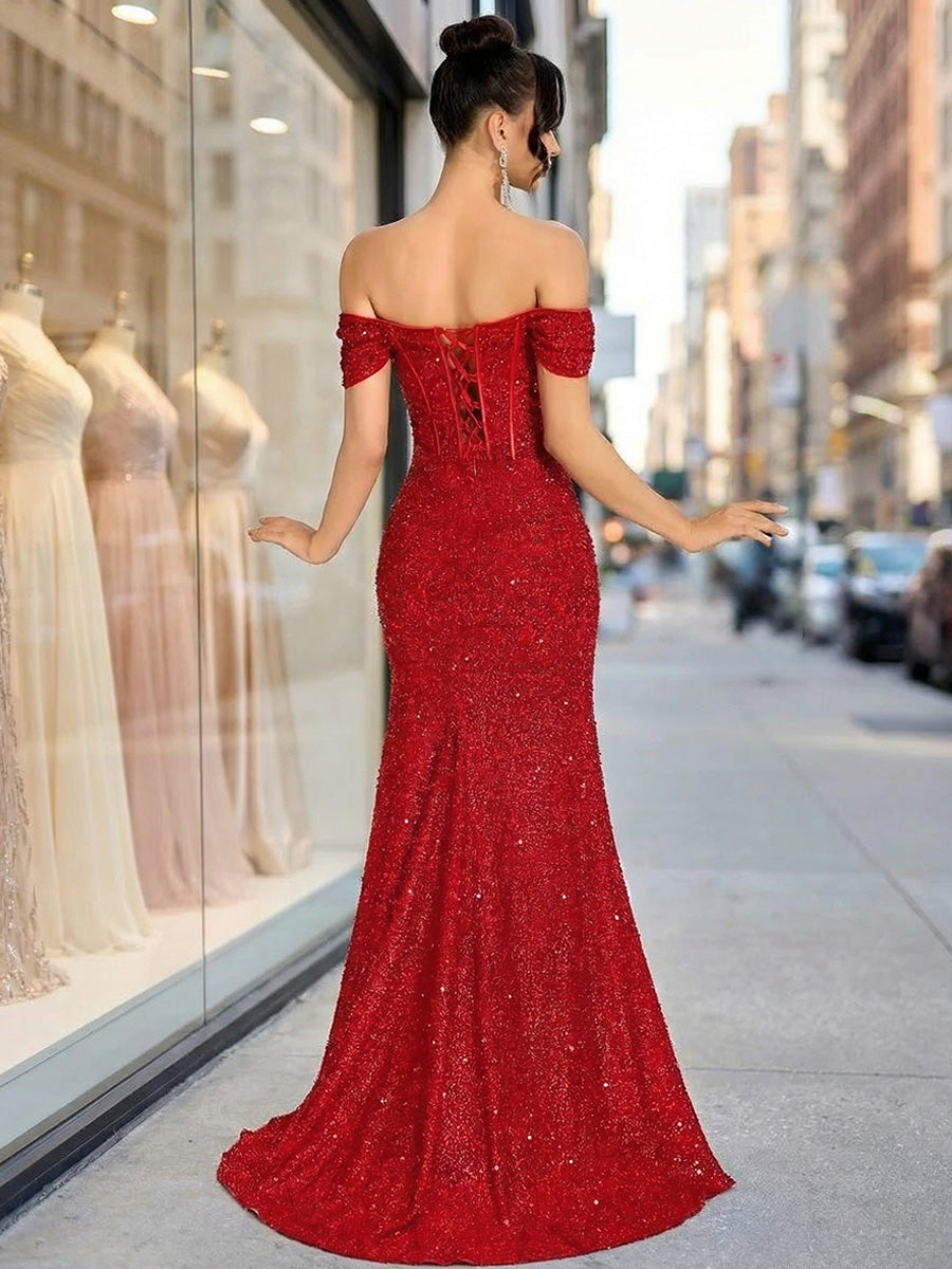 Vintage Sheath/Column Off Shoulder Ruched Sequin Floor-Length Evening Dresses with Side Slit
