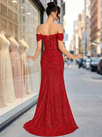 Vintage Sheath/Column Off Shoulder Ruched Sequin Floor-Length Evening Dresses with Side Slit