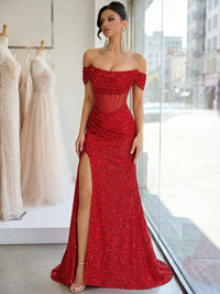 Vintage Sheath/Column Off Shoulder Ruched Sequin Floor-Length Evening Dresses with Side Slit