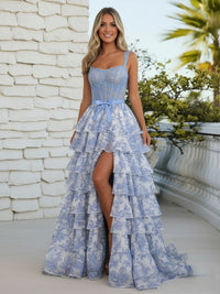 A-Line/Princess Spaghetti Strap Tiered Floor-Length Prom Dresses with Print Flower