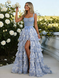 A-Line/Princess Spaghetti Strap Tiered Floor-Length Prom Dresses with Print Flower