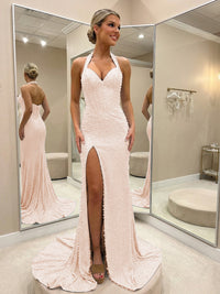 Halter Beading Corser Prom Dresses Bodycon Sparkly High Slit