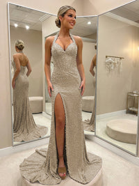 Halter Beading Corser Prom Dresses Bodycon Sparkly High Slit