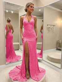 Halter Beading Corser Prom Dresses Bodycon Sparkly High Slit