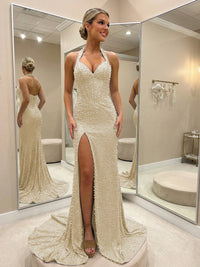 Halter Beading Corser Prom Dresses Bodycon Sparkly High Slit