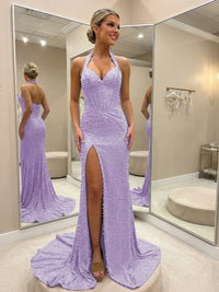 Halter Beading Corser Prom Dresses Bodycon Sparkly High Slit