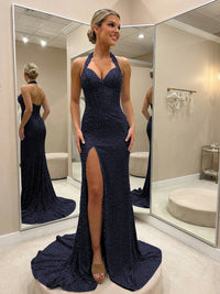 Halter Beading Corser Prom Dresses Bodycon Sparkly High Slit