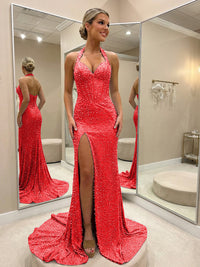 Halter Beading Corser Prom Dresses Bodycon Sparkly High Slit