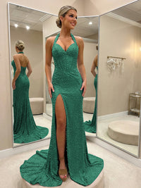 Halter Beading Corser Prom Dresses Bodycon Sparkly High Slit