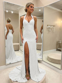 Halter Beading Corser Prom Dresses Bodycon Sparkly High Slit