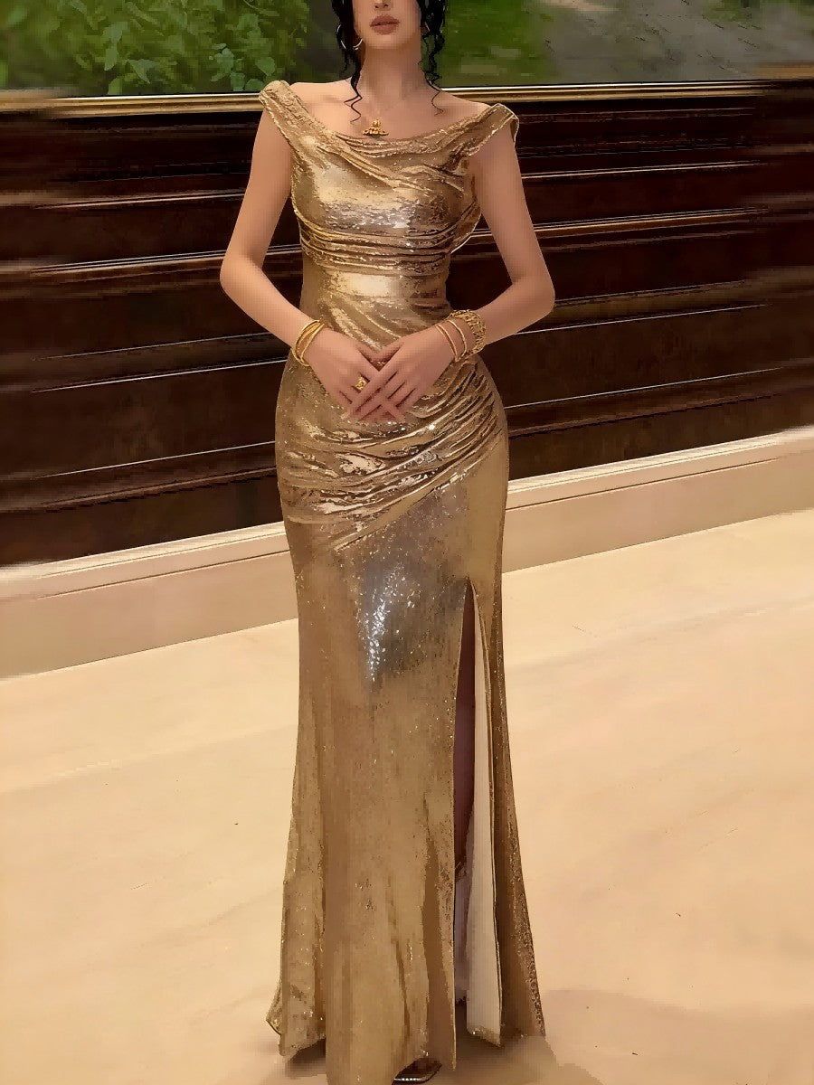 Sequin Off Shoulder Prom Dresses Bodycon Sparkly High Slit Evening Gowns