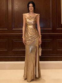 Sequin Off Shoulder Prom Dresses Bodycon Sparkly High Slit Evening Gowns