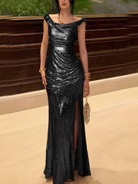 Sequin Off Shoulder Prom Dresses Bodycon Sparkly High Slit Evening Gowns