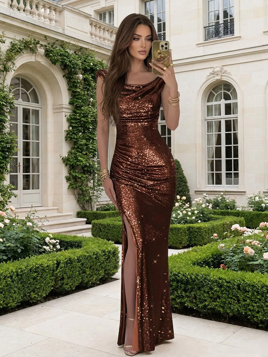 Sequin Off Shoulder Prom Dresses Bodycon Sparkly High Slit Evening Gowns