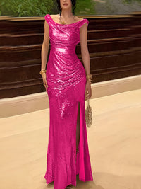 Sequin Off Shoulder Prom Dresses Bodycon Sparkly High Slit Evening Gowns