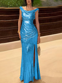 Sequin Off Shoulder Prom Dresses Bodycon Sparkly High Slit Evening Gowns