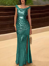 Sequin Off Shoulder Prom Dresses Bodycon Sparkly High Slit Evening Gowns