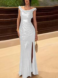 Sequin Off Shoulder Prom Dresses Bodycon Sparkly High Slit Evening Gowns
