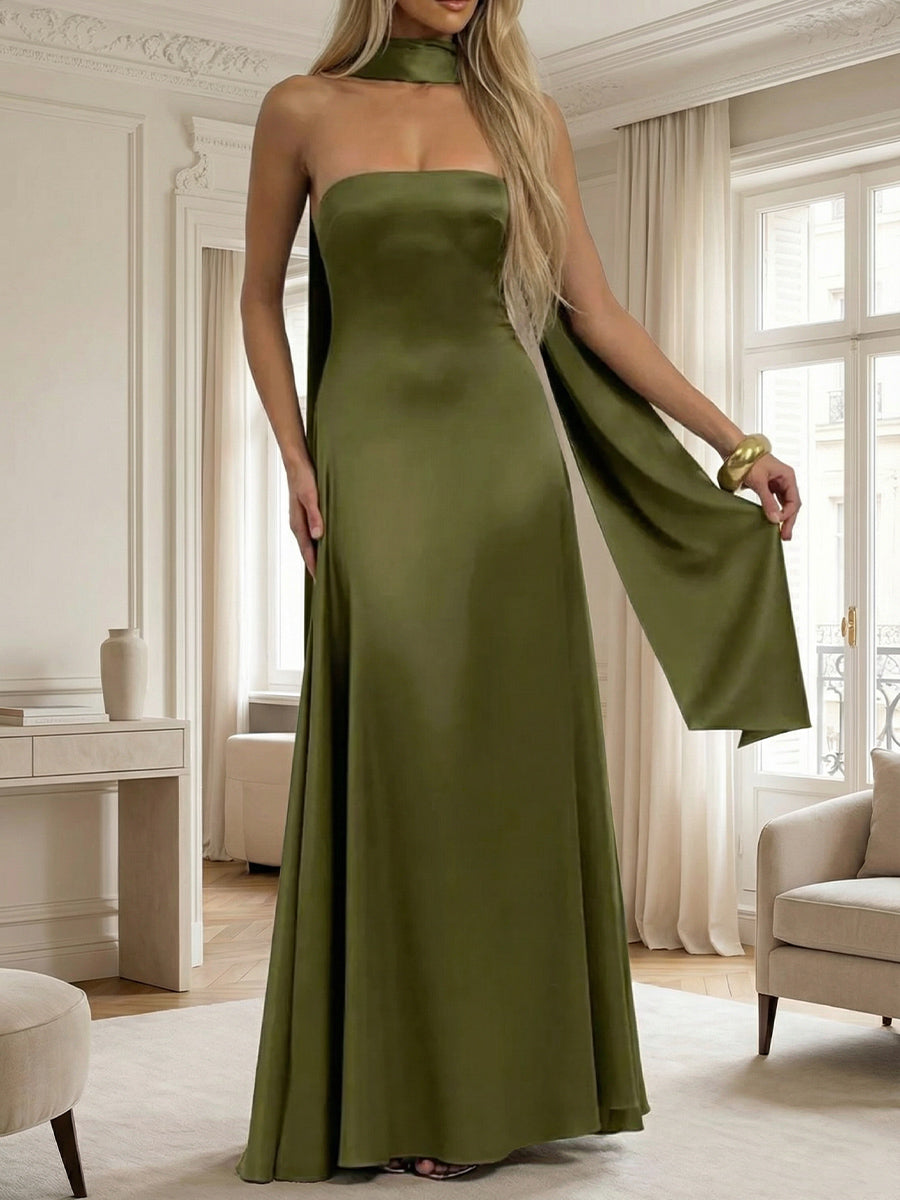 strapless satin dress with scarf Amoris T816 Fitted Satin Gown with Mirrored Sweetheart Neck and Scarf Rosewood / L