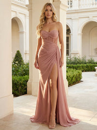 Strapless Satin Floor-Length Corset Prom Dresses Ruched Mermaid High Slit