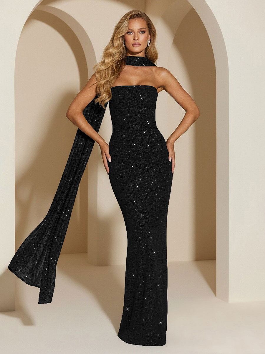 Strapless Scarf Sequin Evening Dresses Mermaid Bodycon Sparkly