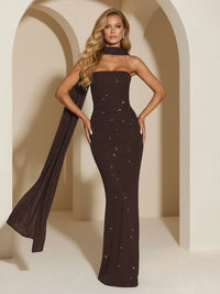 Strapless Scarf Sequin Evening Dresses Mermaid Bodycon Sparkly
