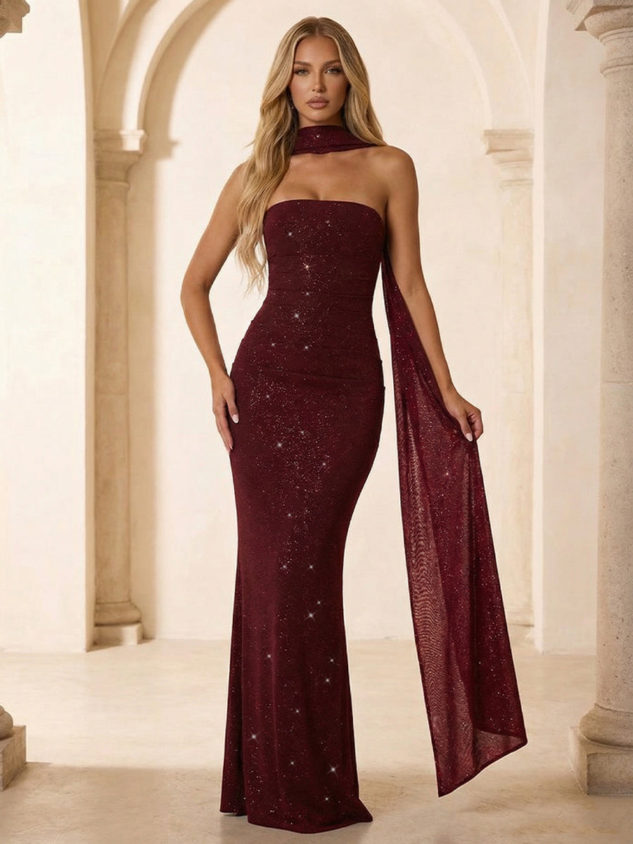 Strapless Scarf Sequin Evening Dresses Mermaid Bodycon Sparkly