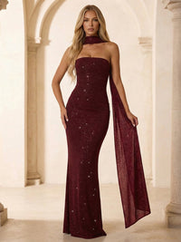 Strapless Scarf Sequin Evening Dresses Mermaid Bodycon Sparkly