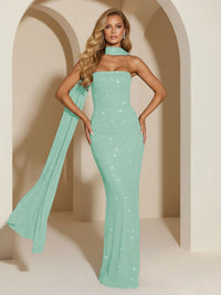 Strapless Scarf Sequin Evening Dresses Mermaid Bodycon Sparkly