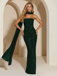 Strapless Scarf Sequin Evening Dresses Mermaid Bodycon Sparkly