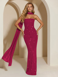 Strapless Scarf Sequin Evening Dresses Mermaid Bodycon Sparkly