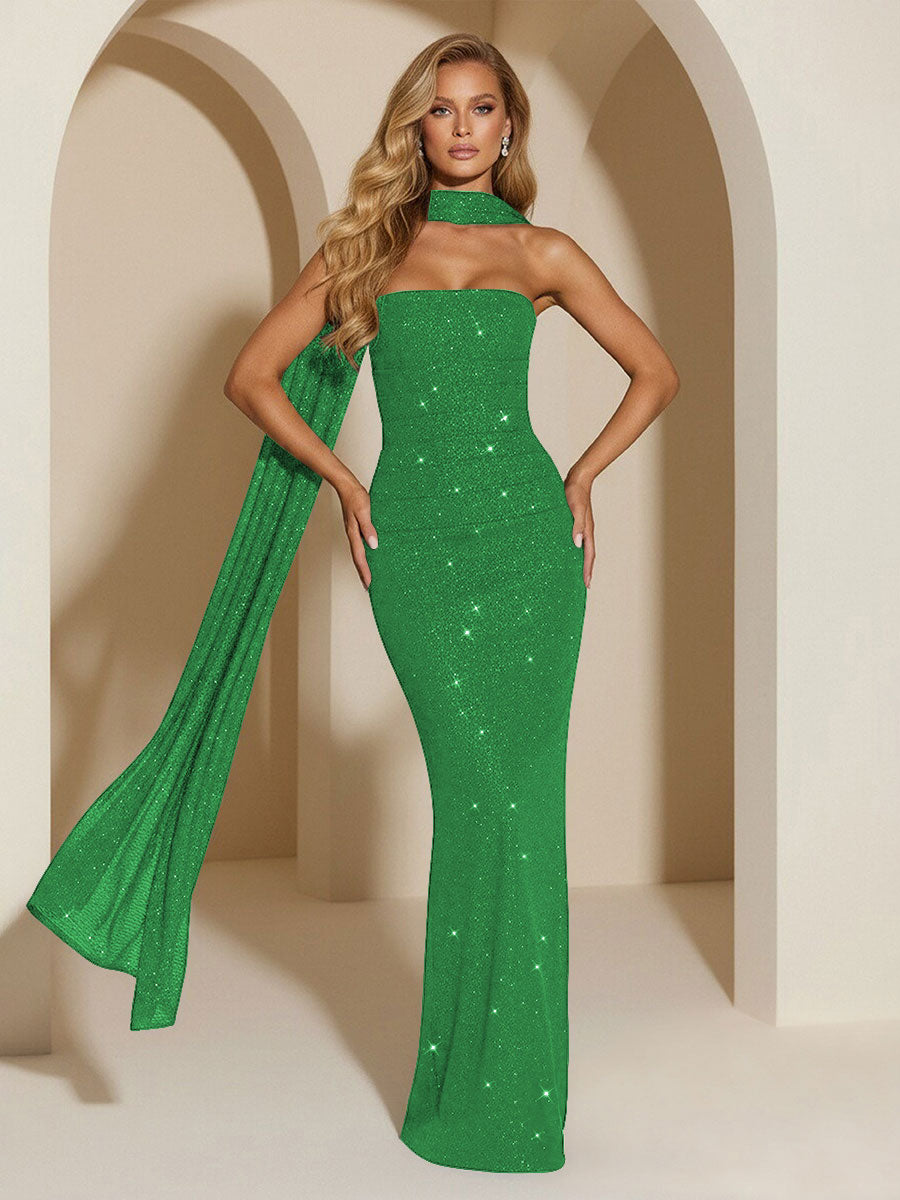 Strapless Scarf Sequin Evening Dresses Mermaid Bodycon Sparkly