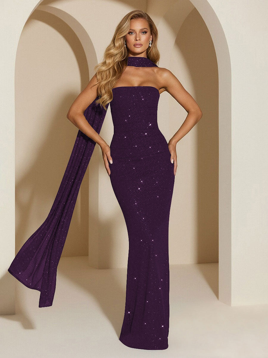 Strapless Scarf Sequin Evening Dresses Mermaid Bodycon Sparkly