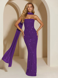 Strapless Scarf Sequin Evening Dresses Mermaid Bodycon Sparkly