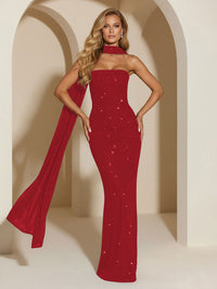 Strapless Scarf Sequin Evening Dresses Mermaid Bodycon Sparkly