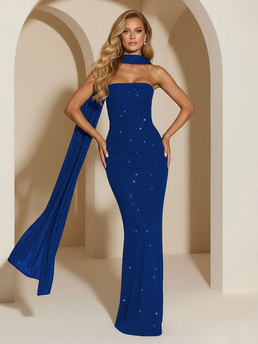 Strapless Scarf Sequin Evening Dresses Mermaid Bodycon Sparkly