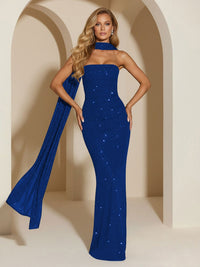 Strapless Scarf Sequin Evening Dresses Mermaid Bodycon Sparkly