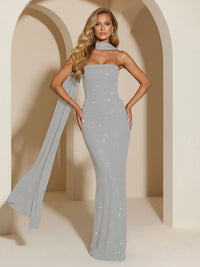 Strapless Scarf Sequin Evening Dresses Mermaid Bodycon Sparkly