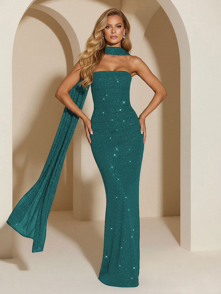 Strapless Scarf Sequin Evening Dresses Mermaid Bodycon Sparkly