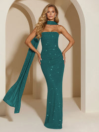 Strapless Scarf Sequin Evening Dresses Mermaid Bodycon Sparkly