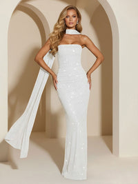 Strapless Scarf Sequin Evening Dresses Mermaid Bodycon Sparkly