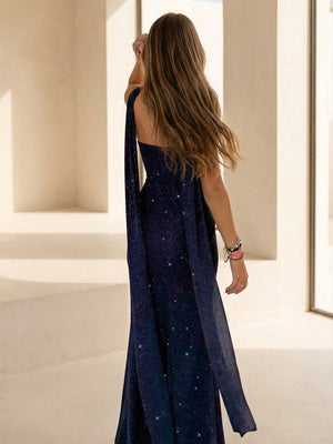 Strapless Scarf Sequin Ruched Prom Dresses Evening Mermaid Bodycon Sparkly