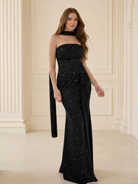 Strapless Scarf Sequin Ruched Evening Dress Mermaid Bodycon Sparkly