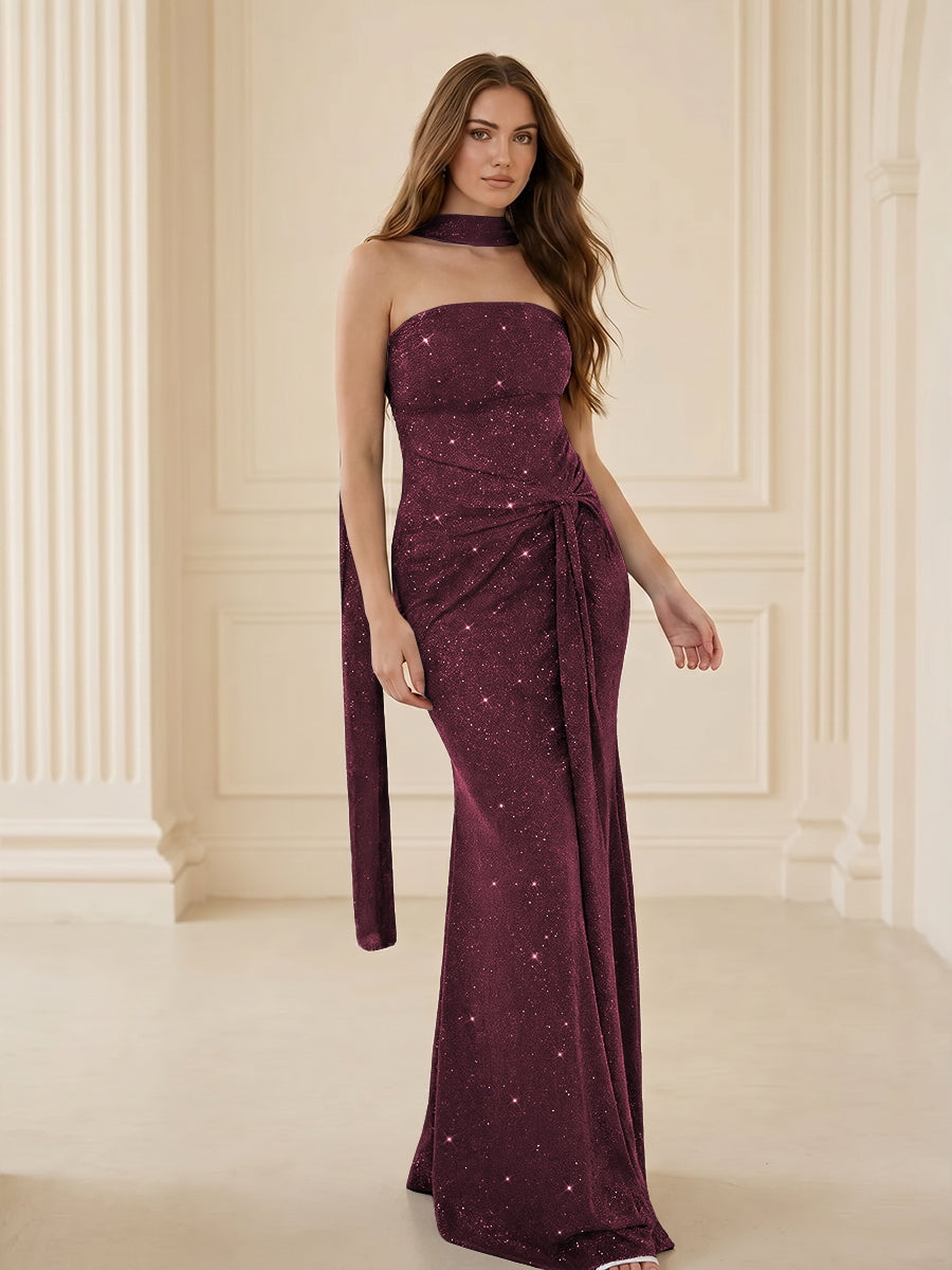 Shirees Red Strapless Scarf Sequin Ruched Evening Dress Mermaid Bodycon Sparkly 2026