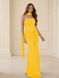 Strapless Scarf Sequin Ruched Evening Dress Mermaid Bodycon Sparkly