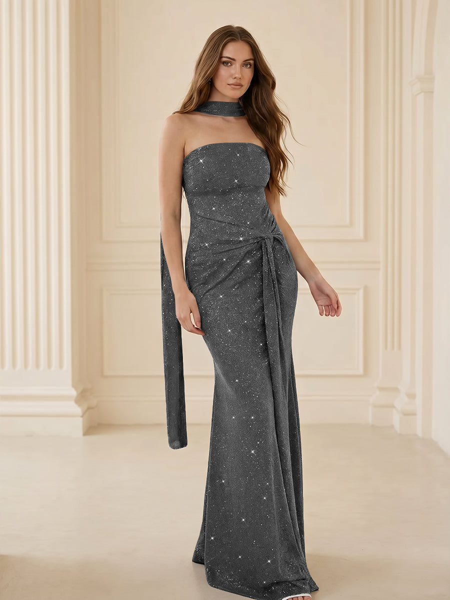 Strapless Scarf Sequin Ruched Evening Dress Mermaid Bodycon Sparkly